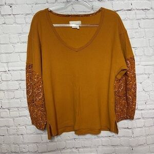 Anthropology Waffle Knit Embellished Sleeve V-Neck Top XS